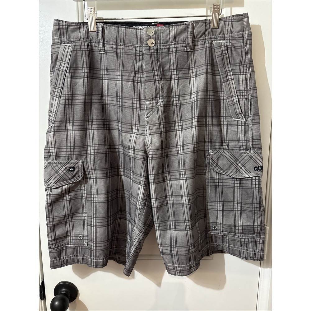 Quiksilver Amphibians Mens Shorts 34 Grey Plaid Swim Cargo